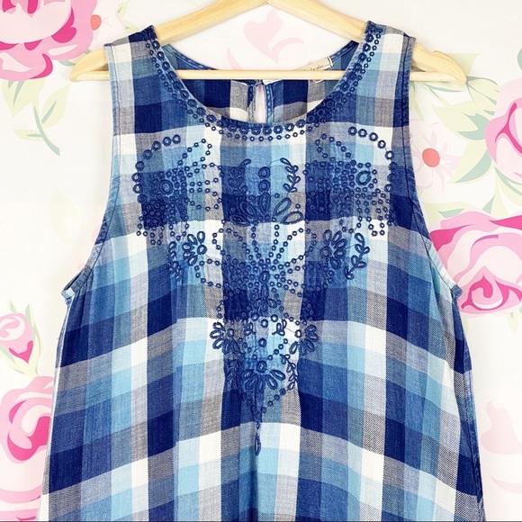 Mod-o-doc Retro Blue Embroidered Plaid Blue Tunic Mini Sleeveless Dress S - Picture 2 of 8